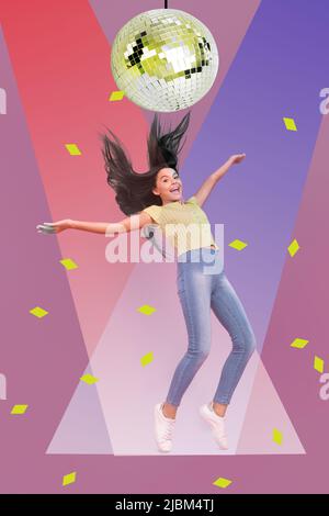 Vertical composite collage portrait of positive girl enjoy party discotheque big disco ball spotlights Stock Photo