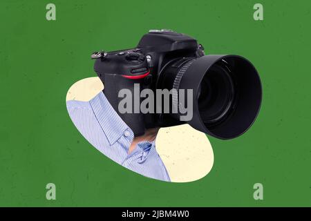 Composite collage picture of person photo camera instead head isolated on creative green background Stock Photo