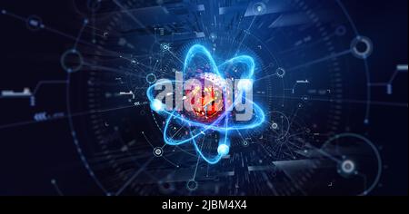 Atom, structure and research. Artificial intelligence and scientific discoveries. 3D illustration of a nanostructured core. Digitalization of science Stock Photo