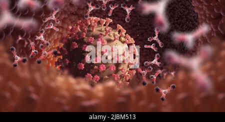 Antibodies in blood. Vaccine. Antibody production. Immunity fights viral infection. 3D illustration, pandemic, epidemic, viruses and their mutations Stock Photo