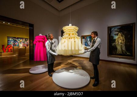 London, UK. 7th June, 2022. Two of Six dresses from British Fashion Designer Molly Goddard with other works - The Art of Literature Exhibition with Fashion by Molly Goddard, part of London Now, at Christie's, London. Credit: Guy Bell/Alamy Live News