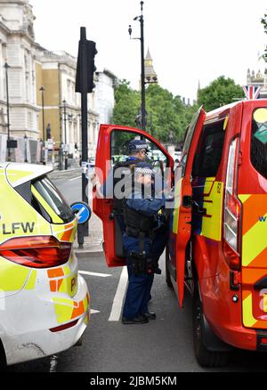 Whitehall, London, UK. 7th June 2022. Whitehall closed due to a suspicious package near Downing Street. Credit: Matthew Chattle/Alamy Live News