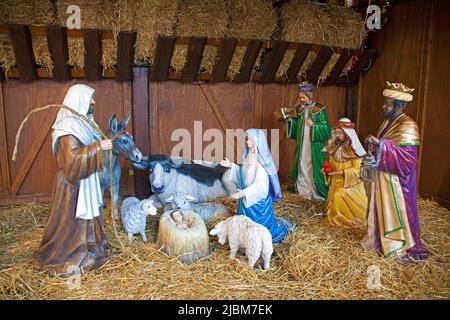 Birth of jesus christ as a nativity scene, Christmas market in Trier, Rhineland-Palatinate, Germany, Europe Stock Photo