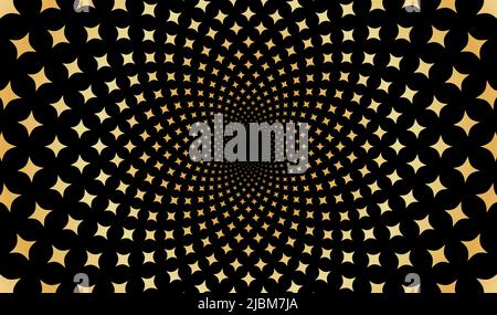 Fractal spiral geometric background with mosaic golden stars moving on a black background. Stock Vector