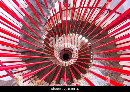 A panorama short of down view of the steel double helix spiral staircase at the ljubljana castle in slovenia. Stock Photo