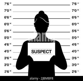 Female suspect mugshot, vector illustration. Anonymus woman standing on a criminal photo shooting background. Stock Vector