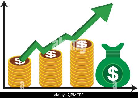 dollar coins and growing arrow graph and dollar bag. on white background Stock Vector
