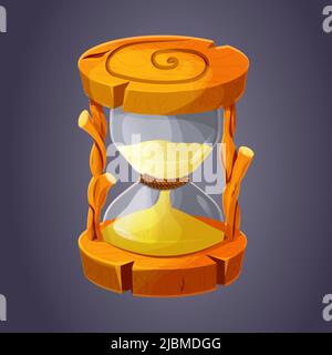 Wooden hourglass icon, asset with glass and sand, sand glass or stopwatch in cartoon style. Ui game decoration. . Vector illustration Stock Vector