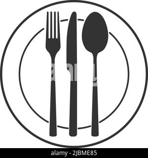 menu icon, set with plate, knife, fork and spoon isolated on white background, vector illustration Stock Vector