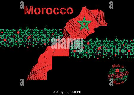 the kingdom of morocco map with disintegration effect pattern based on geometric islamic mosaic design. Independence day. Tile repeating vector border Stock Vector