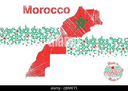 the kingdom of morocco map with disintegration effect pattern based on geometric islamic mosaic design. Independence day. Tile repeating vector border Stock Vector