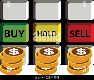Buy, Hold, sell on keyboard. and dollar coins vector Stock Vector