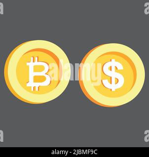 bitcoin and dollar coin vector. on gray background Stock Vector