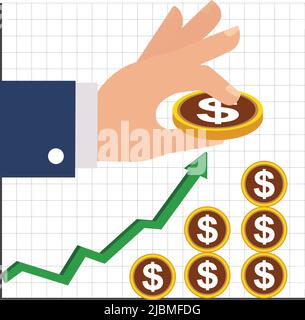 business growing graph and dollar coins in hand. on white background Stock Vector