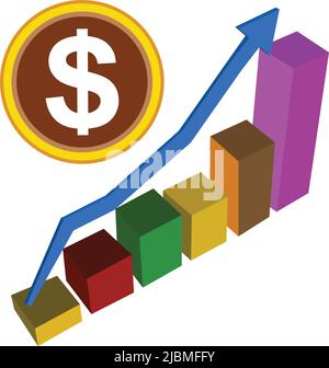 2D graph and dollar coin and growing arrow vector. on white background Stock Vector