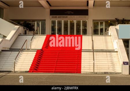 Cannes, France 02-23-2020 famous red  carpet of the palais des festivals et des congres de Cannes,  Grand Auditorium Louis Lumiere Stock Photo