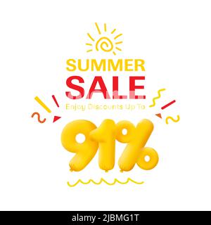 Special offer sale 91% discount 3D number Yellow tag voucher vector illustration. Discount season label 91 percent off promotion advertising summer sale coupon promo marketing banner holiday weekend Stock Vector