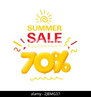 Special offer sale 70% discount 3D number Yellow tag voucher vector illustration. Discount season label 70 percent off promotion advertising summer sale coupon promo marketing banner holiday weekend Stock Vector