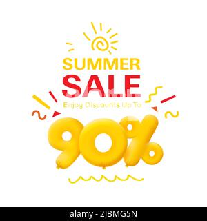 Special offer sale 90% discount 3D number Yellow tag voucher vector illustration. Discount season label 90 percent off promotion advertising summer sale coupon promo marketing banner holiday weekend Stock Vector