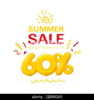 Special offer sale 60% discount 3D number Yellow tag voucher vector illustration. Discount season label 60 percent off promotion advertising summer sale coupon promo marketing banner holiday weekend Stock Vector