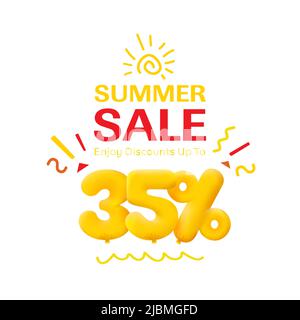 Special offer sale 35% discount 3D number Yellow tag voucher vector illustration. Discount season label 35 percent off promotion advertising summer sale coupon promo marketing banner holiday weekend Stock Vector