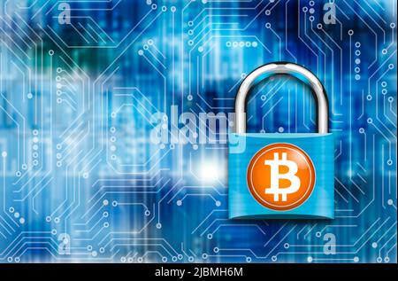 bitcoin and padlock, secure crypto currency concept Stock Photo