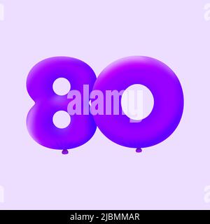 Purple 3D number 80 balloon realistic 3d helium Purple balloons. Vector illustration design Party decoration, Birthday,Anniversary,Christmas, Xmas,New year,Holiday Sale,celebration,carnival Stock Vector