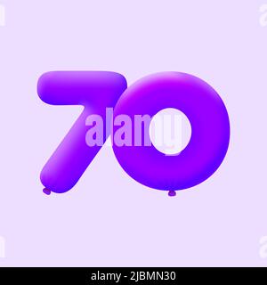 Purple 3D number 70 balloon realistic 3d helium Purple balloons. Vector illustration design Party decoration, Birthday,Anniversary,Christmas, Xmas,New year,Holiday Sale,celebration,carnival Stock Vector