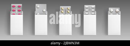 Blisters with medical drugs in open white boxes. Vector realistic mock up of 3d pharmacy package, round and oval pills and tablets in blank carton pac Stock Vector