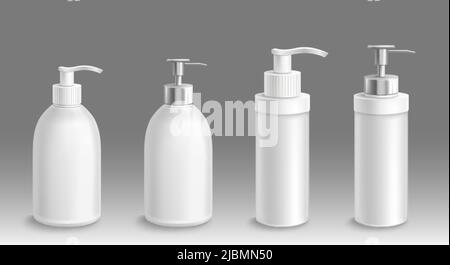 Bottle for liquid soap or lotion 3d vector mockup. Isolated antibacterial or antiseptic gel airless pump containers, white blank plastic packages with Stock Vector