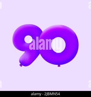 Purple 3D number 90 balloon realistic 3d helium Purple balloons. Vector illustration design Party decoration, Birthday,Anniversary,Christmas, Xmas,New year,Holiday Sale,celebration,carnival Stock Vector