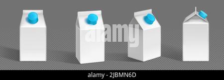 White milk box, square carton pack in front, side and angle view. Vector realistic 3d mockup of blank drink package with blue cap isolated on transpar Stock Vector