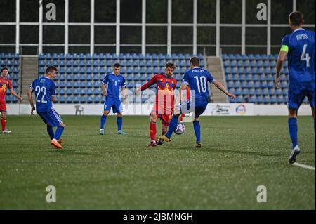 Andorra La Vella, Andorra . 2022 June 6 . M. Rebés AND and M. Platica MOL in action in the 2022 Nations League match Andorra 0 - 0 Moldova. Stock Photo