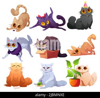 Set of cute cartoon kitties or cats with different colored fur and ...