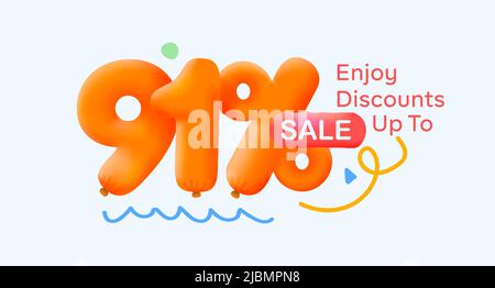 Special offer sale 91% discount 3D number Yellow tag voucher vector illustration. Discount season label 91 percent off promotion advertising summer sale coupon promo marketing banner holiday weekend Stock Vector