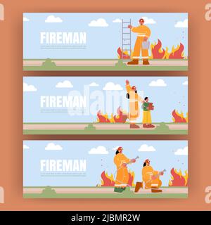 Fireman banners with professional fire fighters with water hose and ladder. Vector posters with flat illustration of fire brigade, man and woman in he Stock Vector