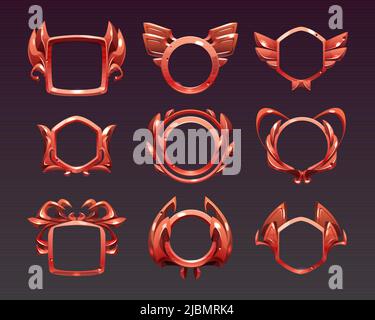 Ui game frames, level borders, red textured round, square and hexagon with ornate rims and laurel wreaths. Isolated cartoon gui elements for medieval Stock Vector