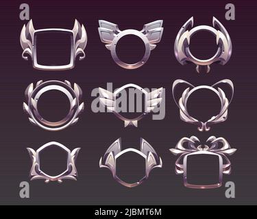Empty silver frames for game award labels for win or achievement.Vector cartoon set of metal fantasy borders for buttons different shapes isolated on Stock Vector