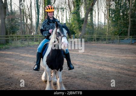 A teenage girl sitting on and riding a piebald gypsy cob draft horse pony Stock Photo