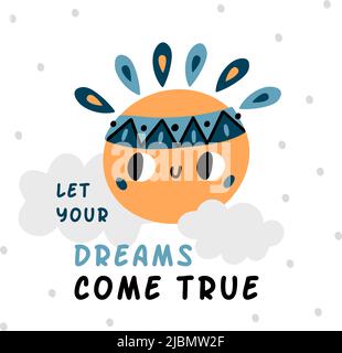 Boho card. Cute sun in clouds with decorative lettering Stock Vector