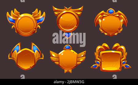 Game gold award badges with decorative frames.Vector cartoon icons set of glossy emblems with fantasy borders and blue elements. Achievement label for Stock Vector