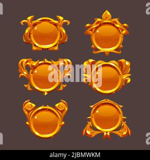 Golden game buttons, achievement badges with fantasy frames. Vector set of golden icons in medieval style, circle award labels with decorative borders Stock Vector