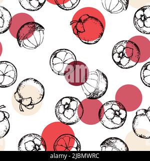 Seamless surface pattern with hand drawn mangosteen fruits. Exotic food sketch seamless texture. Stock Vector