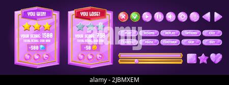 Game ui interface boards with level score and menu buttons with purple crystal texture. Vector cartoon set of win and lose banners with gold stars, bu Stock Vector