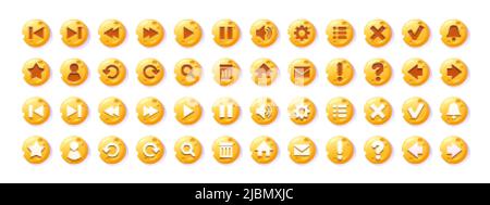 Circle buttons with cheese texture and symbols of search, mail, home, star, arrows, delete, check and cross mark. Vector cartoon set of web icons, ui Stock Vector