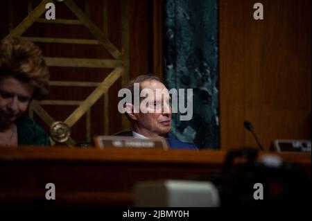 United States Senator Ron Wyden (Democrat of Oregon), Chairman, US Senate Committee on Finance listens while United States Secretary of the Treasury Janet Yellen responds to questions during a Senate Committee on Finance hearing to examine the President's proposed budget request for fiscal year 2023, in the Dirksen Senate Office Building in Washington, DC, Tuesday, June 7, 2022.Credit: Rod Lamkey/CNP /MediaPunch Stock Photo