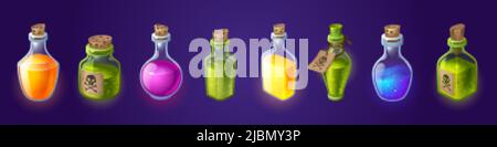 Bottles with magic potions and poisons. Vector cartoon set of glass flasks and vials with different color liquid potions, green acids, corks and tags Stock Vector