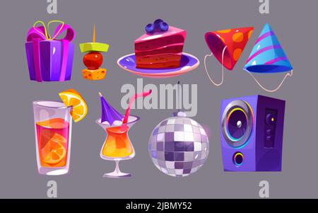 Happy birthday party set with disco ball, hats, cocktails and cake. Vector cartoon icons of event or holiday celebration equipment, gift box, drinks, Stock Vector