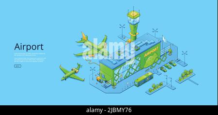 Poster with isometric airport terminal, planes on runway and traffic ...