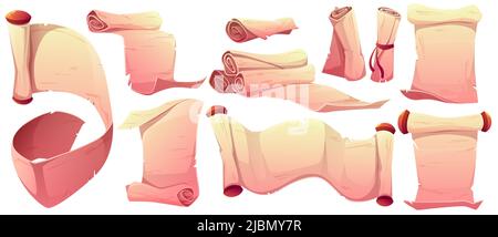 Ancient paper, parchment scrolls, antique manuscripts. Vector cartoon set of vintage blank letters, documents, rolled up empty paper sheets and pages Stock Vector